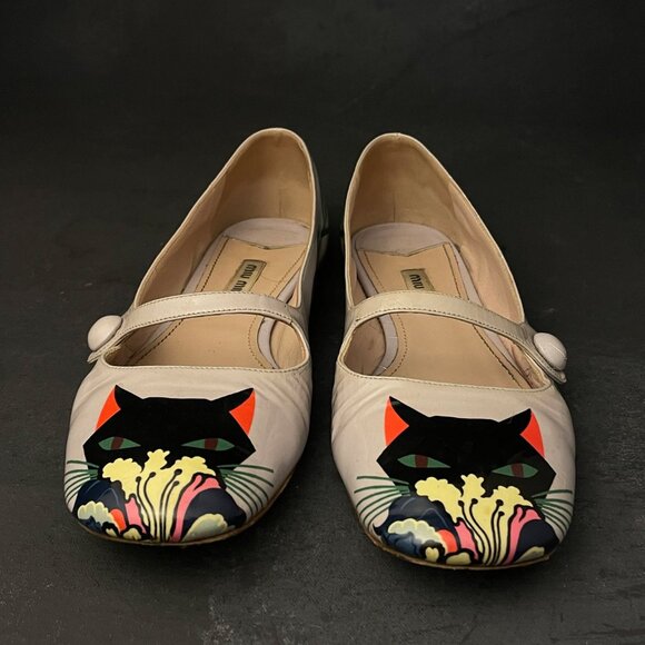 Miu Miu Cat Print Mary Jane Ballet Flats - Picture 1 of 4